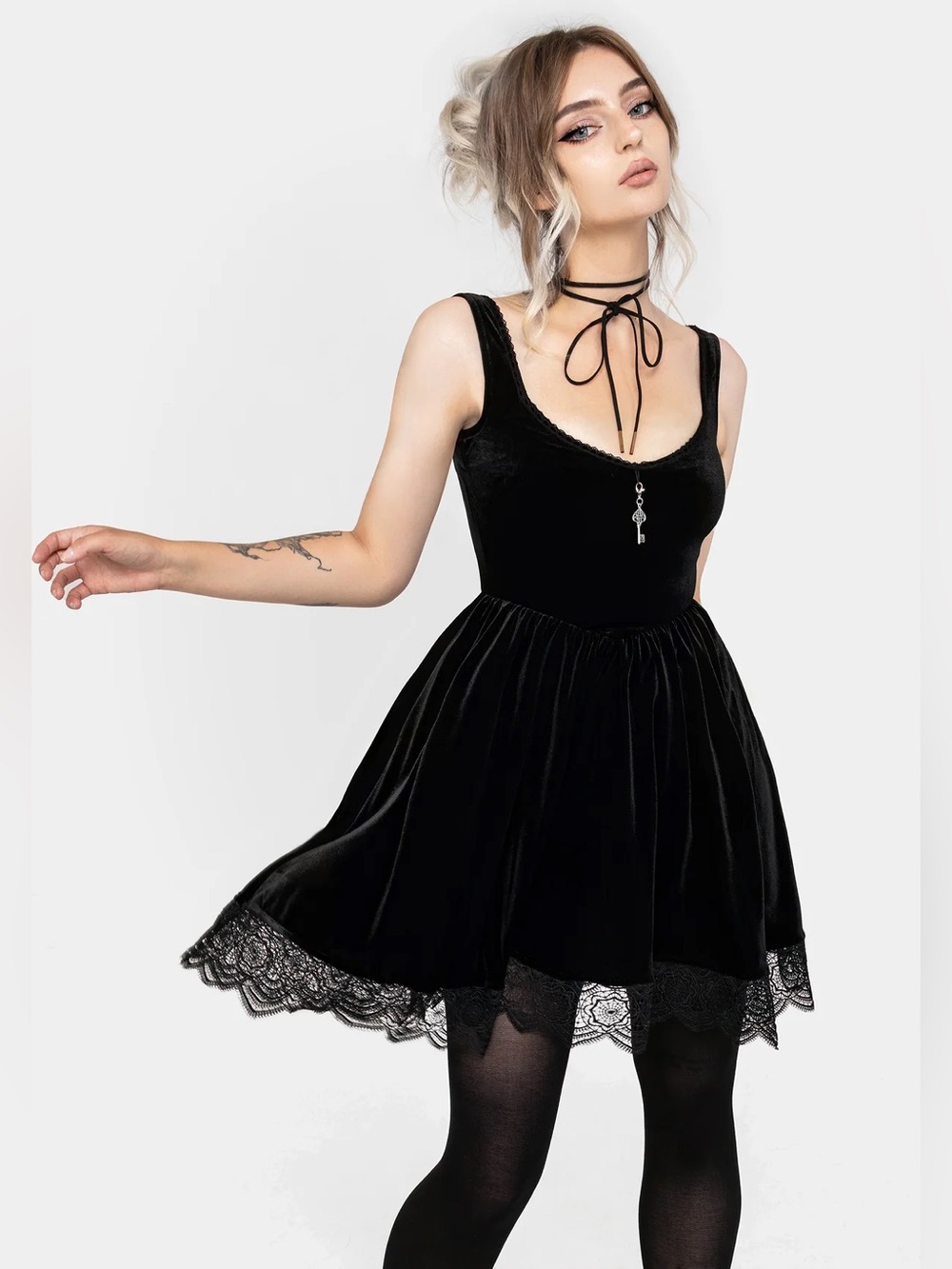 Disturbia - Orbweb Lace Hem Velour Mini Dress